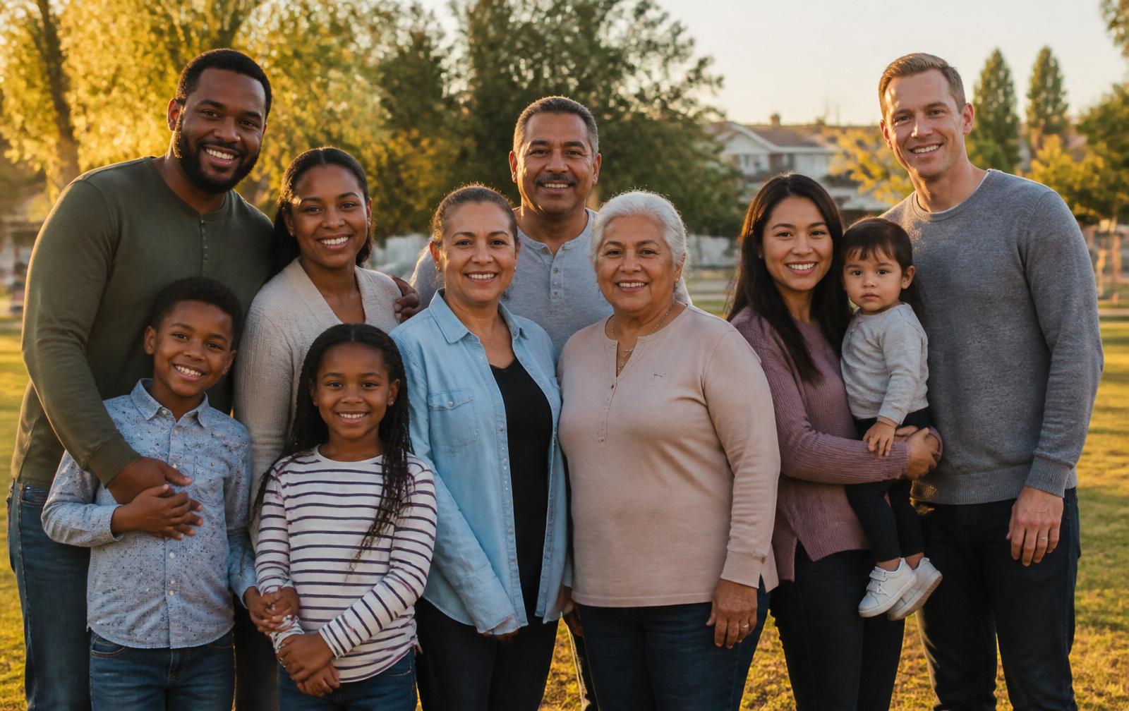 Multigenerational diverse family embracing on a porch at sunset