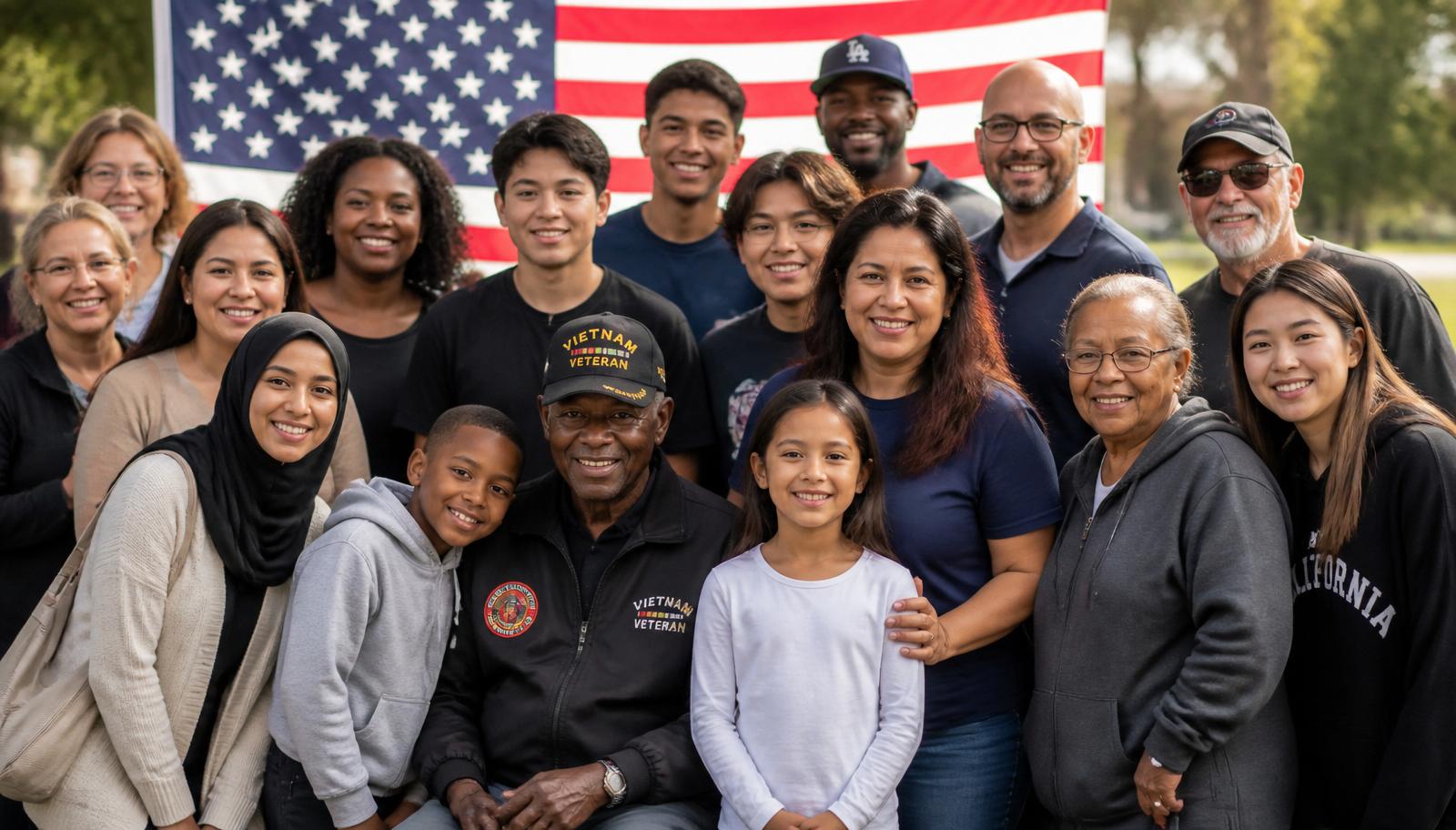 A diverse circle of people of all generations holding hands at golden hour