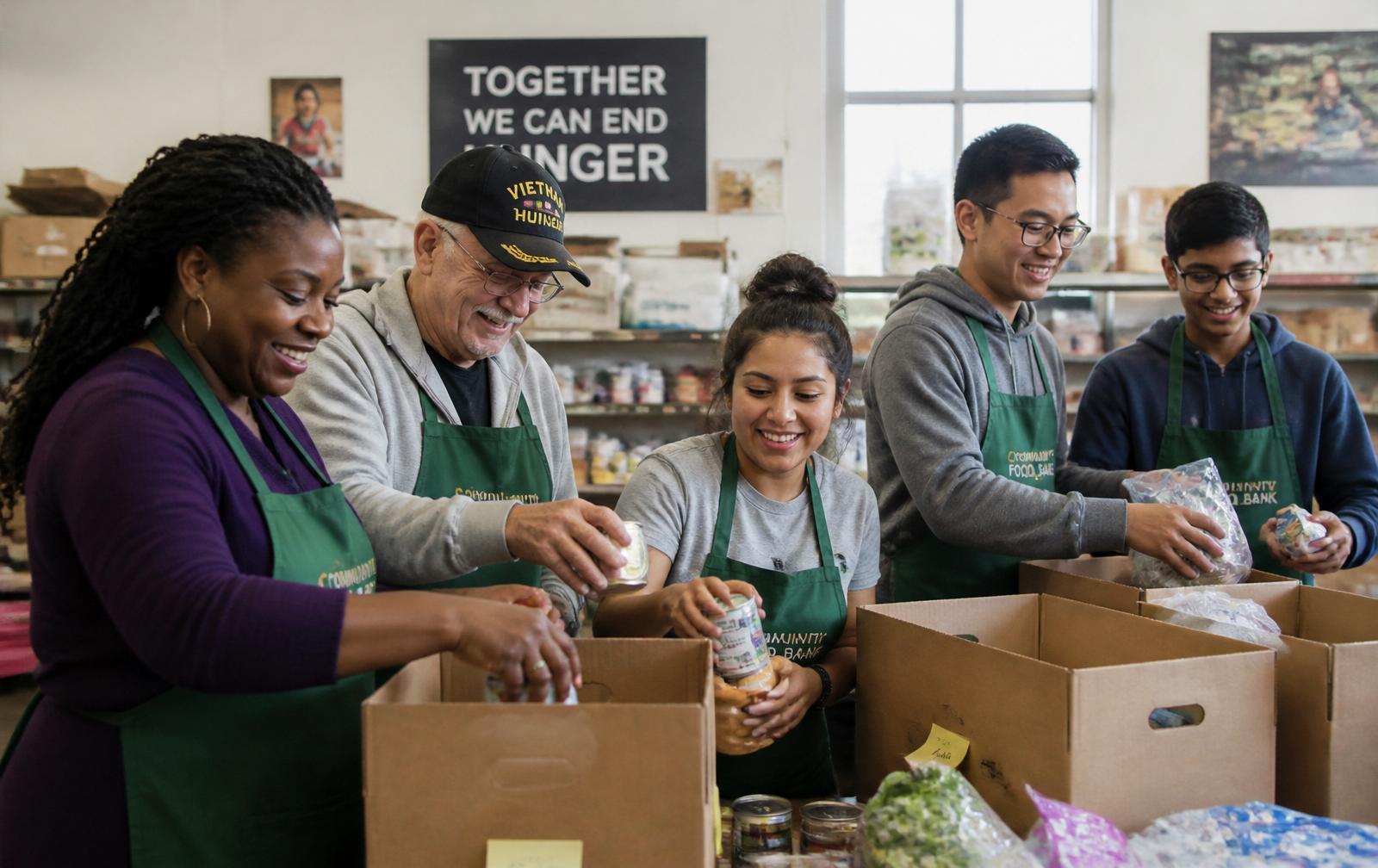 Diverse volunteers packing donation boxes and serving meals together